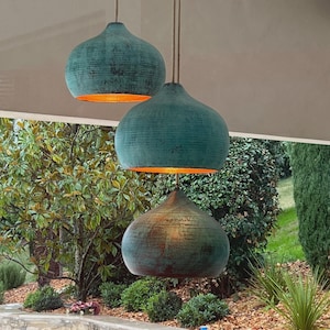 Dome Oxidized Copper Pendant Light - Verdigris Kitchen Island Hanging Lamp - Green Patina Patio Lampshade