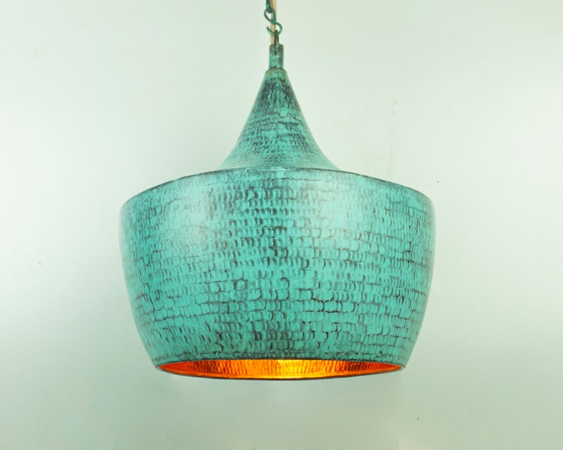 Oxidized Copper Pendant Light Hammered Green Patina Lamp Etsy