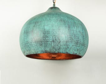 Dome Oxidized Copper Pendant Light - Hammered Copper Kitchen Island Lighting - Copper Industrial Lampshade -  Art deco light fixture