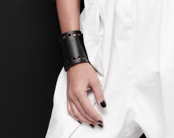 Black Leather Bracelet, Wrist Bracelet, Cuff Bracelet, Wide Bracelet Women Bracelet, Leather Wrist Cuff, Womens Clothing Accessories by HAYA