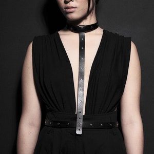 Leather Harness for Women, Minimalist Harness for Dress, Black Leather Studded Harness, Detachable Harness Belt and Choker