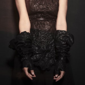 Leather Fingerless Gloves, Avant Garde Darkwear Long Leather Gloves, Black Leather Arm Wrap, Black Leather Gloves, Long Massive Leather Cuff