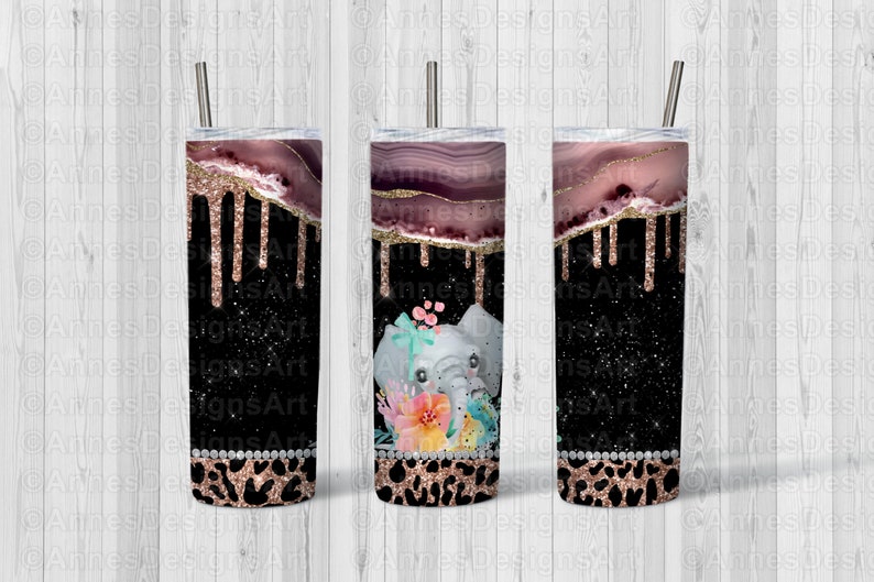 Gold Dripping Leopard Blush Agate With Baby Elephant 20oz Skinny Tumbler Design Sublimation PNG Digital Download Template