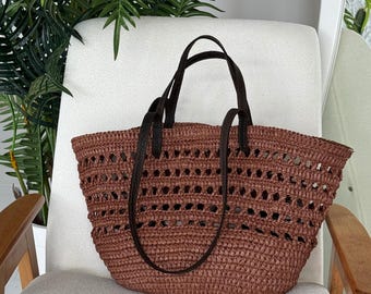 Raffia Bag Pattern PDF, Paper Raffia Shopper with Oval Leather Base, English Crochet Video Tutorial