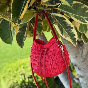 May include: A red woven handbag with a drawstring closure and a long shoulder strap. The bag is hanging from a tree branch with green and yellow leaves. The bag's strap is red.