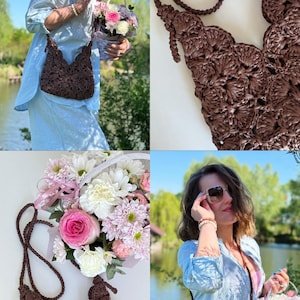 May include: A dark brown crochet crossbody bag featuring a scalloped shell pattern throughout the body and a matching braided strap. The bag is constructed with a textured yarn finish and has a V-shaped top opening with a structured, open-work design.