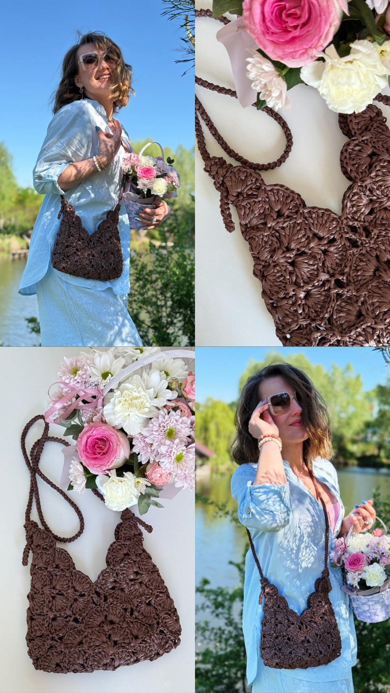 May include: A dark brown crochet crossbody bag featuring a scalloped shell pattern throughout the body and a matching braided strap. The bag is constructed with a textured yarn finish and has a V-shaped top opening with a structured, open-work design.