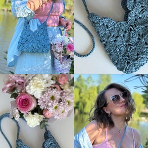 May include: A slate blue crochet handbag featuring a repeating scalloped shell pattern throughout the body. The bag includes a matching thin braided shoulder strap and a structured open top design with a textured, woven appearance.