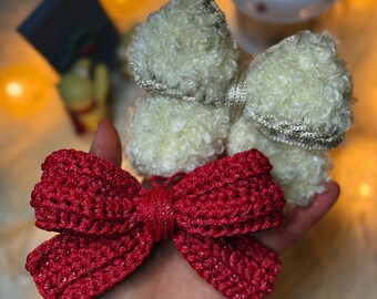Christmas bow crochet pattern | Boucle yarn & lurex cord | Holiday decor tutorial | Crochet ornament PDF | Festive bow DIY
