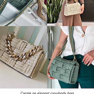 May include: A crochet crossbody bag featuring a woven flap design, available in sage green or beige. The bag includes a thick, chunky chain strap in either matching material or gold-tone metal. Text on the image reads: Create an elegant crossbody bag with a signature woven flap. Detailed beginner-friendly tutorial. PDF with written instructions & charts. Video tutorial link included. Easy to follow, step by step. Crochet a bag that turns heads!