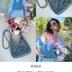May include: A blue crocheted handbag featuring a scalloped shell pattern and a thin shoulder strap. The text reads: ROSALIE, PDF PATTERN + VIDEO LESSON, Granny square chart, Seamless square joining, Decorative pouch tutorial, Beginner friendly, 100% reproduction of every square and joining process.