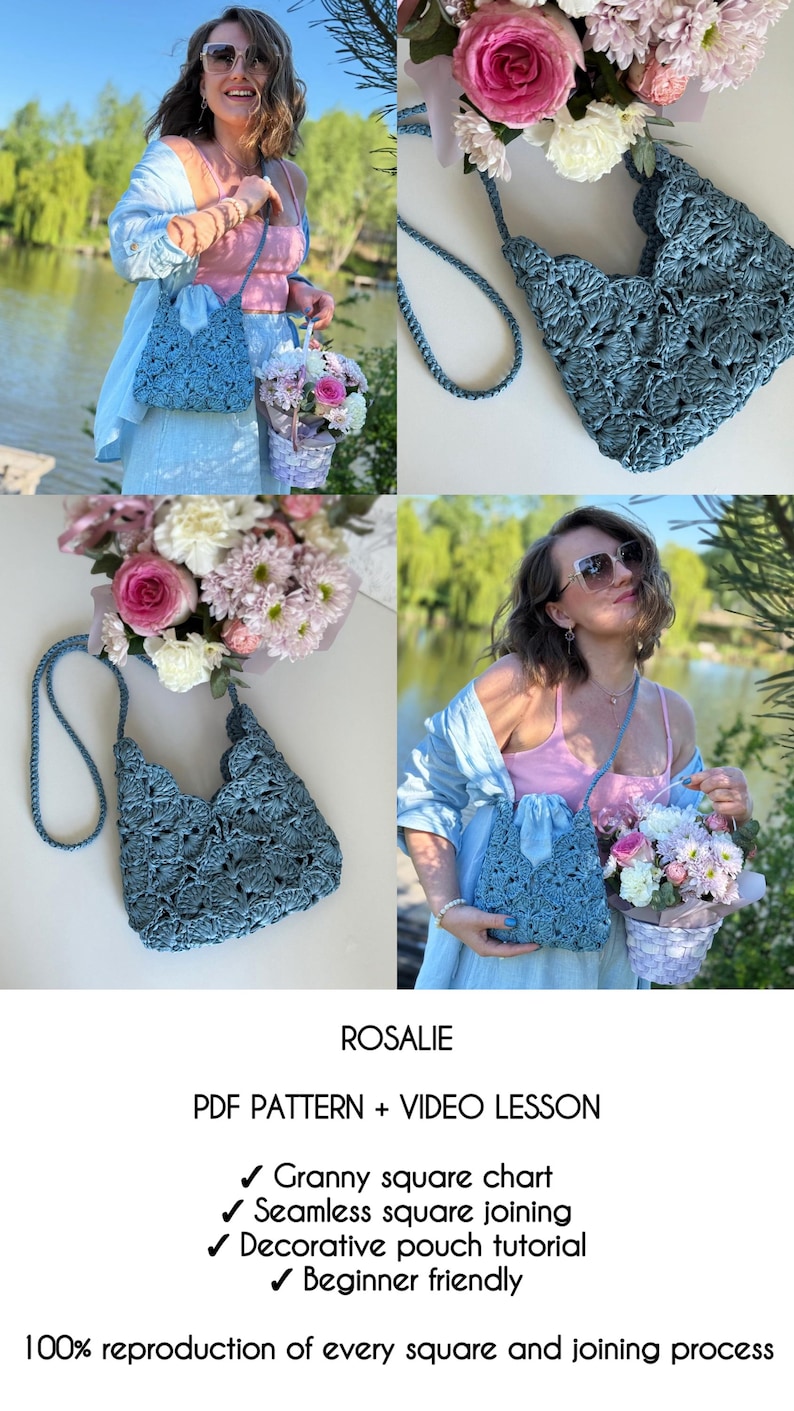 May include: A blue crocheted handbag featuring a scalloped shell pattern and a thin shoulder strap. The text reads: ROSALIE, PDF PATTERN + VIDEO LESSON, Granny square chart, Seamless square joining, Decorative pouch tutorial, Beginner friendly, 100% reproduction of every square and joining process.