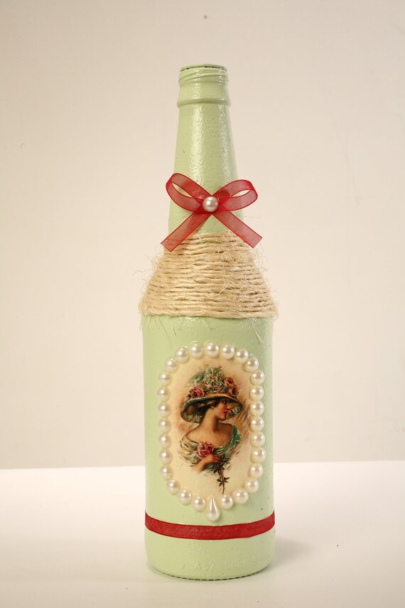 Decoupage Bottle Art on Recycled Glass Hand Painted Victoria Etsy
