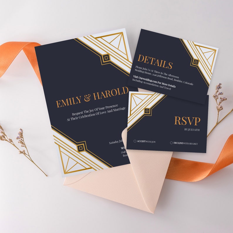 Gold Invite Gold Wedding Invite Gatsby Black Invite,P025 Custom Geometrical Wedding Invitation Printable GREAT GATSBY WEDDING Invitation