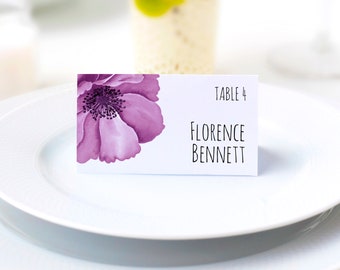 Customized Place Cards Template, PURPLE POPPY TABLE Cards, Name Place Cards, Seating Cards Download, Editable Card, Printable Cards, P005