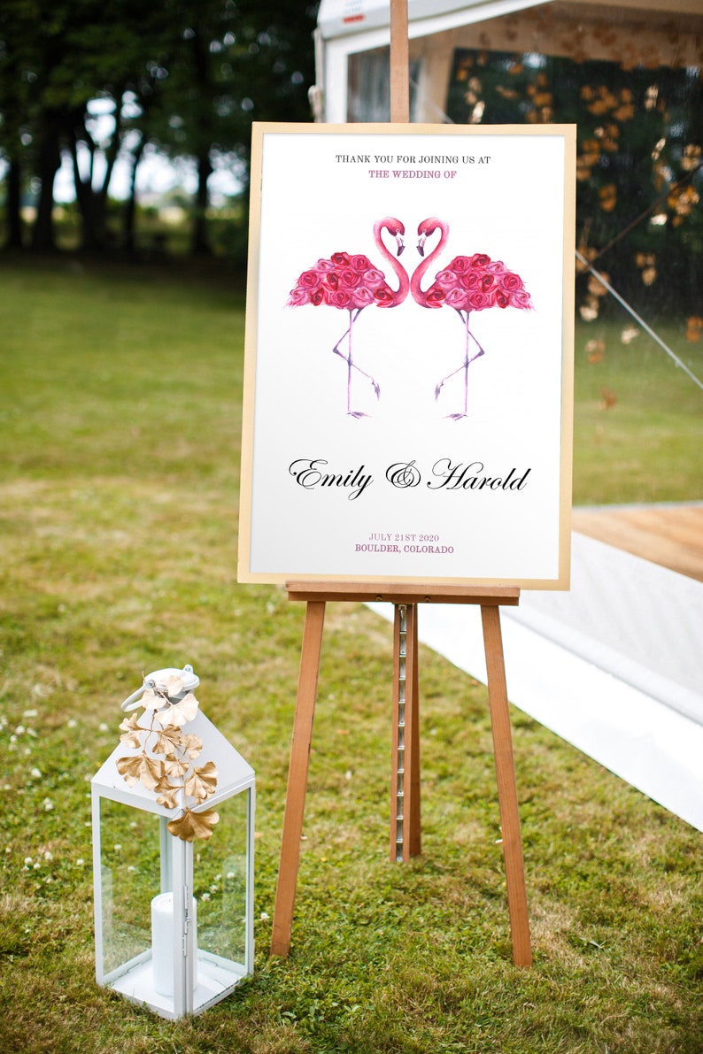 P018 Editable Pink Roses Wedding Sign Template Flamingo Wedding Sign PERSONALIZED Summer WEDDING SIGN Printable Tropical Welcome Poster