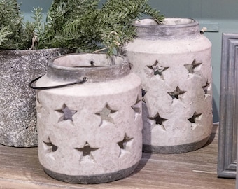 Stone Lantern with Cutout Stars | Stone Candle Holder | 19cm