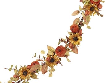 Autumn Faux Sunflower & Pumpkin Garland – Fall Mantel Decor | Rustic Autumn Fireplace Garland