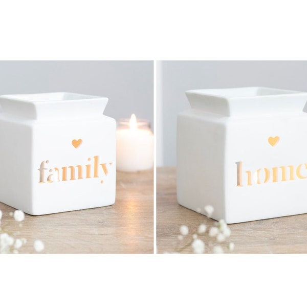 White Ceramic Oil Burner with Heart Detail - Tea Light Holder/Wax Burner - 'Family' and 'Home' - 12cm