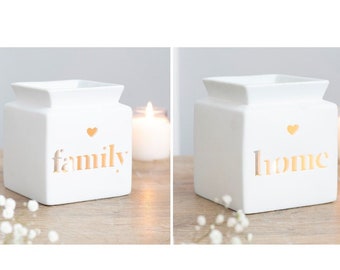 White Ceramic Oil Burner with Heart Detail - Tea Light Holder/Wax Burner - 'Family' and 'Home' - 12cm