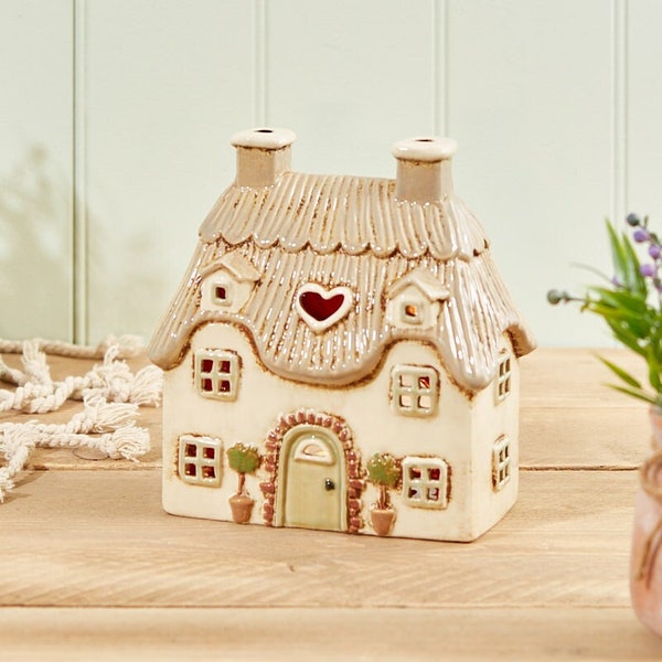 Creme Keramik Reetdach Landhaus Teelichthalter Halter Ornament