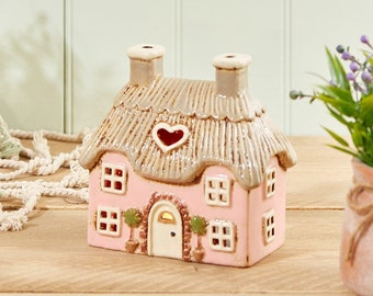 Pink Ceramic Thatched Cottage House Tea Light Holder Ornament