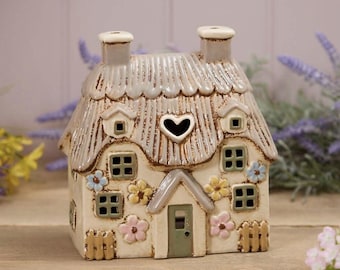 Ceramic Thatched Cottage House Tea Light Holder Ornament | Cosy Home Candle Holder