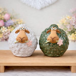 Ceramic Round Green & White Sheep Figurine Ornaments