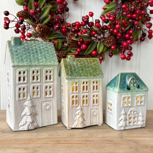 LED Ceramic Christmas House Decorations | Light Up Green & Beige Christmas Cottage Ornaments