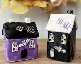 Ceramic LED Halloween Houses | Light Up Black & Purple Haunted House Ornaments | Spooky Mantel Tabletop Halloween Decoration