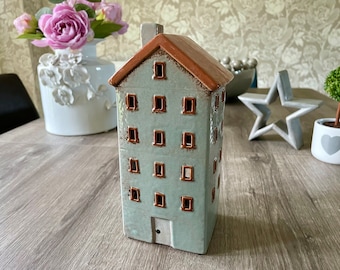 Blue Ceramic House Cottage Candle Holder