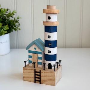 Wooden Seaside Lighthouse Scene Block Ornament