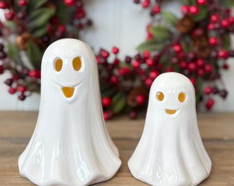 Halloween Lighted Cermaic White Ghost Set of 4 Statue Figurine