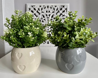 Grey and Ivory Plant Pots with Embossed Hearts