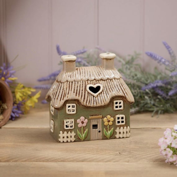 Green Ceramic Thatched Cottage Tea Light Holder Ornament