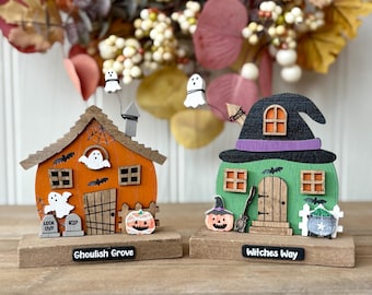 Halloween Haunted House Block Ornaments – Ghoulish Grove & Witches Way – Spooky Cute Wooden Halloween Decor