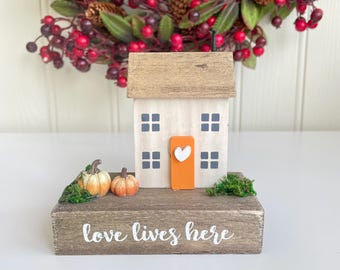Wooden Autumn Pumpkin House Ornament 'Love Lives Here'