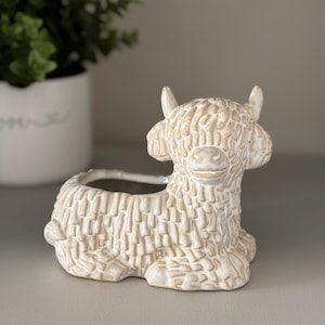 May include: A white ceramic planter shaped like a Highland cow with a textured surface. The planter has a small opening on the top for planting.