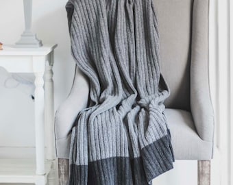 Grey and Charcoal Ribbed Wool Rich Throw | 170 x 130cm