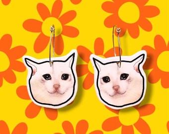 Crying Cat Meme Earrings – Funny Internet Jewelry, Viral Sad Cat Accessory, Handmade Kitsch Gift