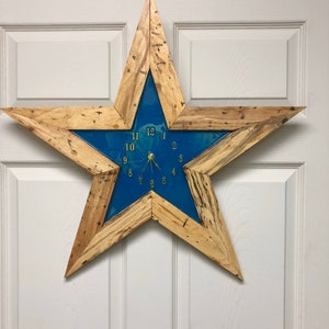 May include: A blue and wood star-shaped clock with Roman numeral markings. The clock is mounted on a white door.
