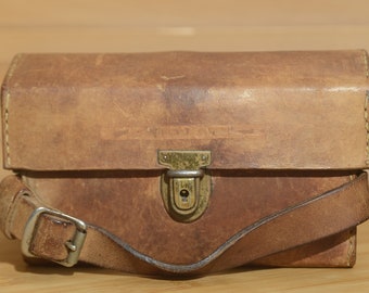 Gorgeous Vintage Brown Leather Camera bag. With beautiful pale blue interior.