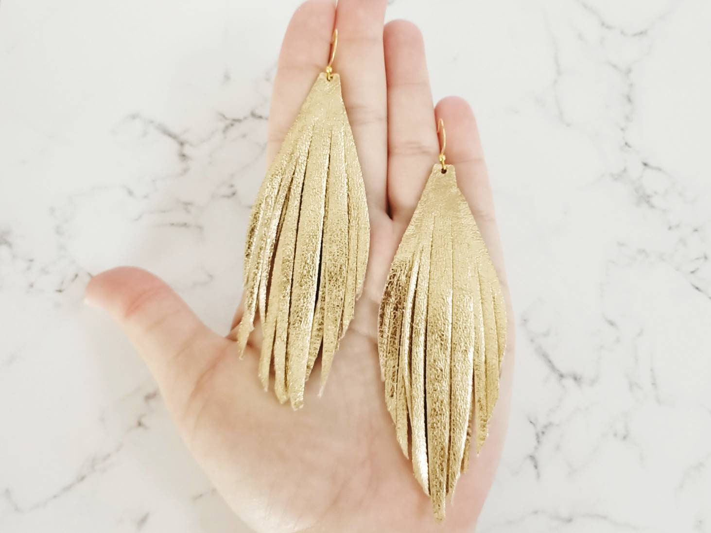 Boho Leather Fringe Earrings Gold Feather Drop Earrings Gold | Etsy