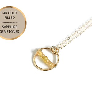 Real Yellow Sapphire Gemstone Hammered Circle Necklace 14K Gold Filled Necklace Minimalist Jewellery For Her Birthday September Birthstone