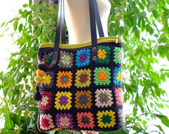 crochet bag,granny square bag,crochet purse,crochet tote bag,retro bag,hippie bag,boho bag,gift for her,colourful