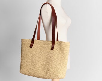 Stylish casual bag with handcrafted quality leather handle, Straw Tote Bag, Casual bag, Mother's day gift