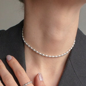 Sterling Silver Rice Bead Choker: Dainty Silver 925 Necklace