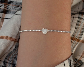 Love Bracelet, Heart friendship bracelet, sterling silver beaded bracelet, mother-of-pearl heart, jewelry for a gift