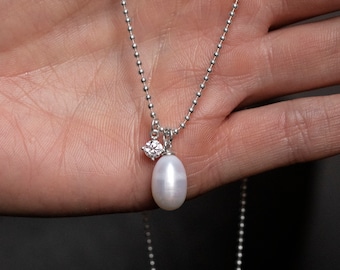 Freshwater Pearl Drop Necklace with Clear CZ Pendant, Sterling Silver 925 Ball Сhain, Elegant Necklace for Everyday Outfit, Jewelry Gift