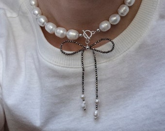Chunky Pearl Bow Necklace Choker, Pearls and Crystal Beaded Bow Necklace, Sparkly Bow Necklace, Cute Bow Necklace, Jewelry Gift for Her